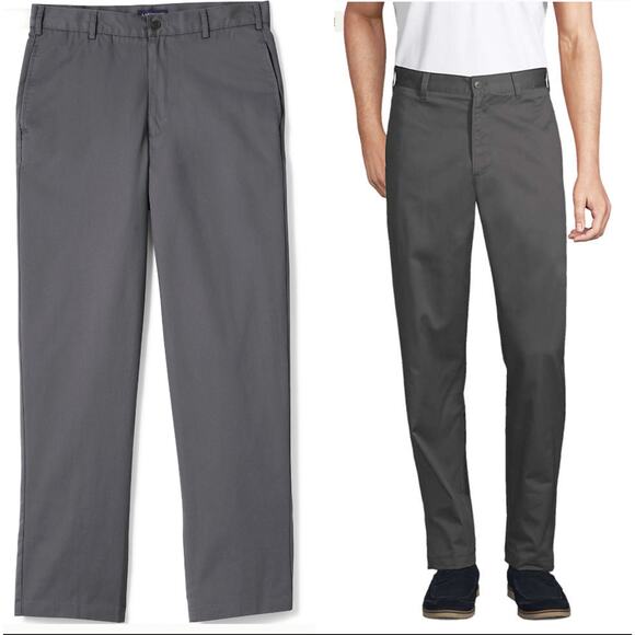 NEW! Lands' End Men's 33x32 Flat Front Chino Pants 100% Cotton Khakis Dark Gray - Picture 1 of 7